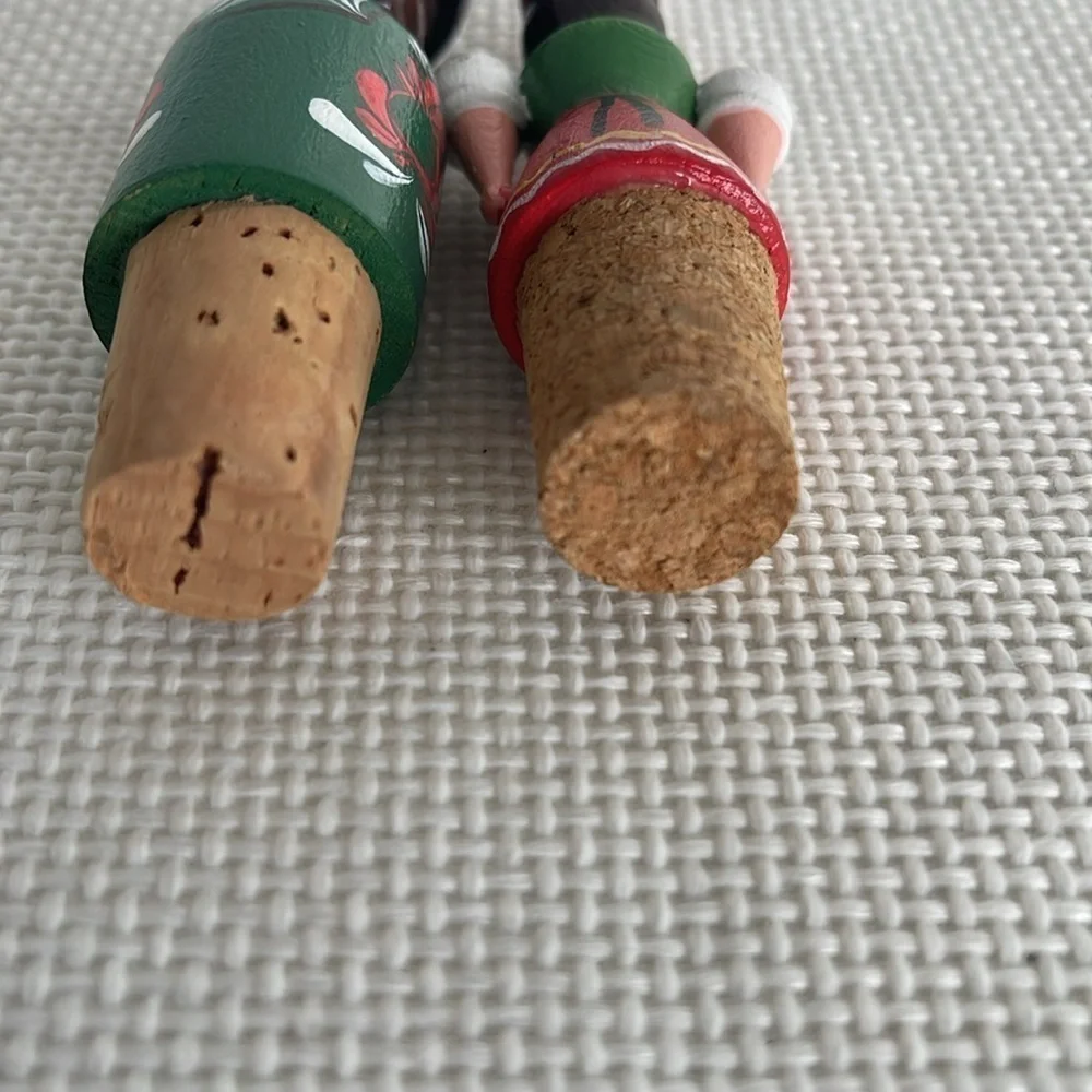 Vintage Hand Carved Wooden Wine Stopper Set of 2 Folk Art Hand Painted EUC